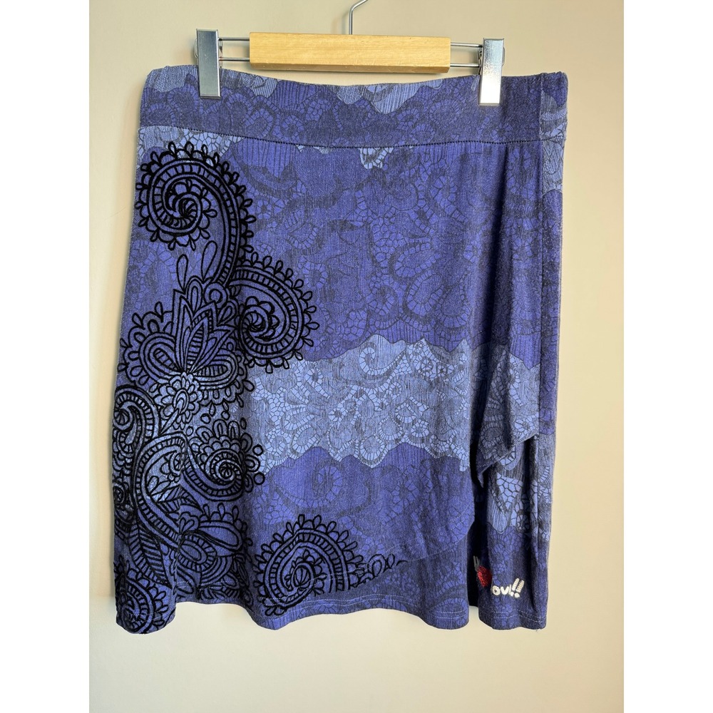 Desigual Paisley Velvet Accent Knit Mini Skirt XL Blue Boho Artsy Whimsigoth